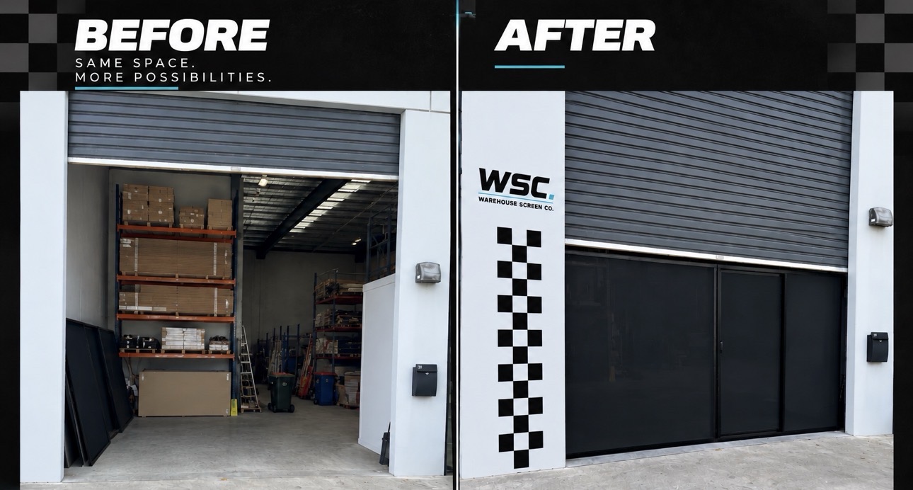 Before and after — same warehouse doorway: open chaos vs WSC screen installed